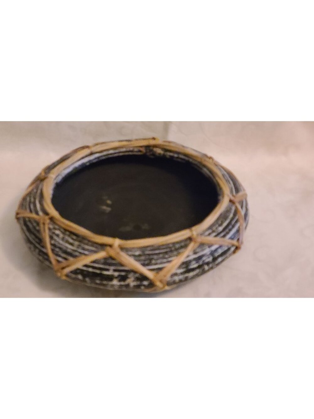 Southwest Pottery Bowl Reed Wrapped Black White Striped Geometric
